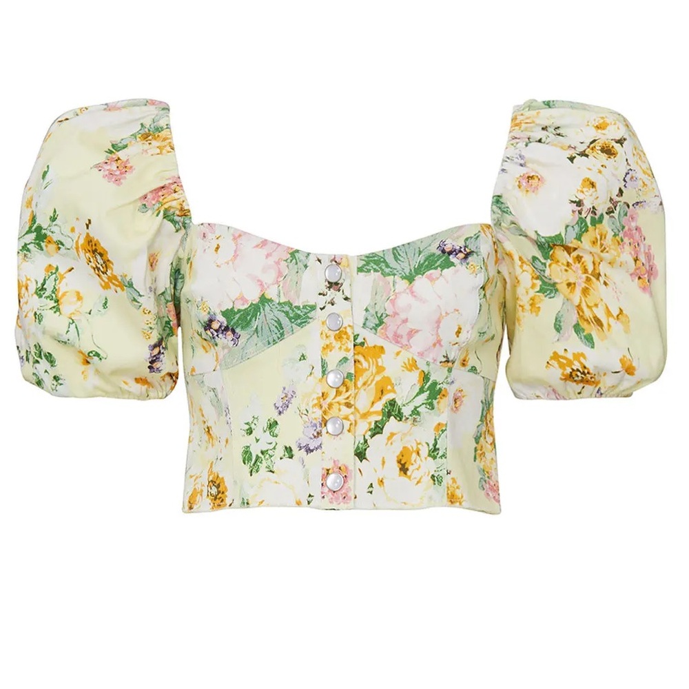 For Love and Lemons floral print square neckline puff sleeve crop top